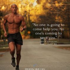 a man running down a road with a quote from david goggins on it