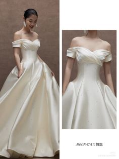 an image of a woman in a wedding dress that is very long and has off the shoulder