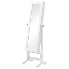 a white standing mirror on top of a stand