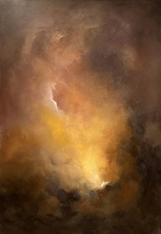 an abstract painting with yellow and brown colors in the sky, on a black background