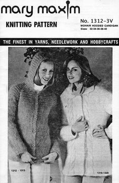 two women in knitted coats and hats posing for a magazine advertisment