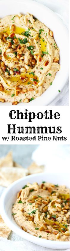 hummus with roasted pine nuts in a white bowl