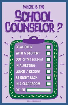 a purple poster with the words where is the school counselor? and an image of a suitcase