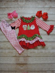 Girls Christmas Outfit, Girls Christmas Set, 12/18M, 18/24M, 2/3, 3/4, 4/5, 5/6, 6/7, 7/8, 8/9, 10 Sizes XXS - 12/18M XS - 18/24M S - 2/3 M - 3/4 L - 4/5 XL - 5/6 2XL - 6/7 3XL - 7/8 4XL - 8/9 5XL - 10 Your choice to add a name and/or bow!   RED BOW WILL BE SENT UNLESS YOU PUT IN THE NOTES Please check out my shop at:  www.etsy.com/shop/michellecowartgifts - I have several items available for girls. Thank you for looking at my items and all items comes from a smoke free home and are non-returnable.   Colors may appear differently in person due to monitor settings. If you have a question, please contact me (Michelle) with a conversation tab. Pink Long Sleeve Christmas Sets, Holiday Festive Red Set, Festive Red Holiday Sets, Festive Red Holiday Set, Cute Red Christmas Sets, Cute Pink Holiday Sets, Cute Fitted Christmas Sets, Cute Festive Winter Sets, Cute Red Festive Sets