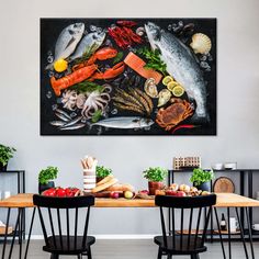 Seafood Arrangement Wall Art will make your kitchen or restaurant aesthetically appealing. This beautiful canvas print is sure to stimulate your taste buds and get you ready for the next meal! Man Cave Posters, Mushroom Poster, Deer Poster, Kids Room Poster, Man Cave Wall Decor, Boho Poster, Religious Wall Art, Space Wall Art, Pop Art Posters