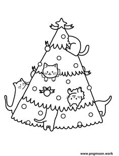 a christmas tree with cats and kittens on it in black and white coloring pages