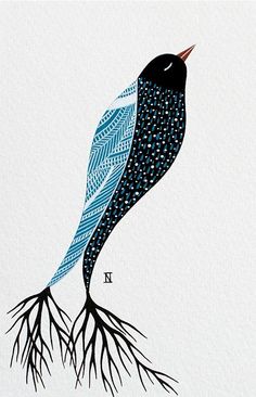 a blue bird sitting on top of a tree branch with roots in it's beak