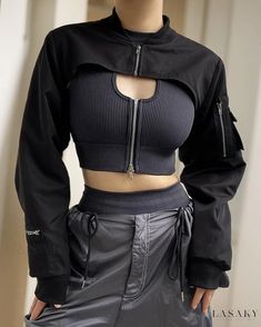 Lasaky - Hegel Fashion Zippered Hoodie featuring an Asymmetrical Design and a Sleek Half-Open Collar Jacket Short Black Jacket, Crop Top Design, Crop Top Styles, Korean Fashion Black, Asymmetrical Coat, Short Blouse, Techwear Fashion, Jacket Outfit Women, Asymmetric Jacket