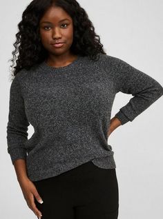 FIT Model is 5'10” wearing size 1. . Measures 30” from shoulder (size 2). MATERIALS + CARE Vegan Cashmere fabric: A luxe, cashmere-like brushed fabric with a soft, cozy feel that’s never heavy. So easy to dress up or down. . Stretch level: Medium. . 35% acrylic, 25% polyester, 22% recycled polyester, 15% nylon, 3% spandex. . Machine wash cold. Line dry. . Imported. . DETAILS Crew neckline. . Long sleeves. The best plus size women's vegan cashmere pullover sweater sweaters in charcoal heather grey made of vegancashmere. Torrid is your destination for cozy fall and winter clothes to keep you warm and comfortable. New Street Style, Cashmere Fabric, Shoes For Leggings, Sweater For Women, Grey Pullover, Bra And Panty Sets, Winter Clothes, Dress With Cardigan, Cozy Fall