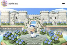 an image of a cartoon character standing in front of a castle with blue flowers on the ground