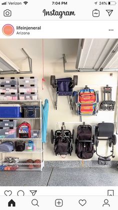 several suitcases and bags are hanging on the wall in a storage area with bins