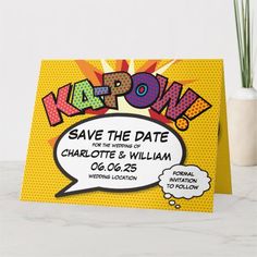 an image of a party card with the words kapow in comic pop art