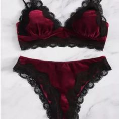 Sexy Red Velvet Lingerie Set With Black Lace Lining. Feel Confident, Comfortable And Sexy In This Bra And Panty Lingerie Set. Red And Black Lingerie, Velvet Lingerie, Maternity Intimates, Velvet Bra, Women Bras, Valentines Lingerie, Cute Lingerie, Trendy Swimwear, Lingerie Outfits