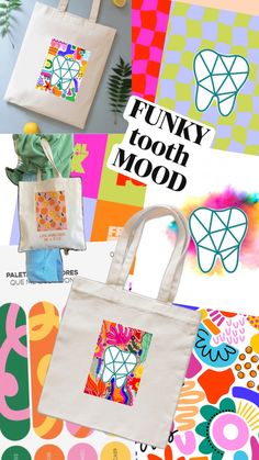 an assortment of funky tote bags with the words funky mood printed on them and various designs