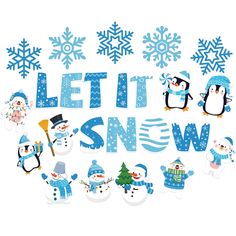 the words let it snow are surrounded by penguins and snowflakes