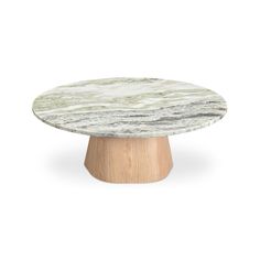 a round marble table with wooden base on a white background, the top is made out of wood