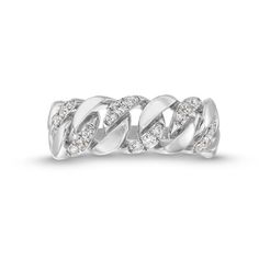 Increase the style factor of your looks with this on-trend diamond curb chain link ring. Sterling silver Features alternating diamond-lined and polished curb chain links along the center 1/4 ct. t.w. of diamonds Diamond White Curb Chain Jewelry For Anniversary, Modern White Gold Link Chain Ring, Elegant Formal Chain Ring With Diamond Accents, Silver Chain Link Ring For Anniversary, Elegant White Gold Diamond Chain Ring, Modern White Gold Chain Link Rings, Classic White Gold Link Rings, Elegant Silver Chain Link Ring, Modern Formal Chain Link Ring