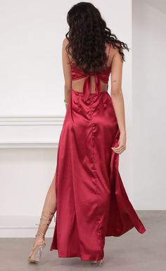 Gala Satin Maxi Dress in Red | LUCY IN THE SKY Satin Evening Dress With Side Slits For Prom, Party Evening Dress With Side Slits In Satin, Satin Prom Dress With Side Slits, Satin Maxi Dress With Side Slits For Party, Party Satin Maxi Dress With Side Slits, Glamorous Split Maxi Dress For Prom, Maxi Satin Dress With Side Slits For Party, Maxi Length Satin Dress With Side Slits For Party, Glamorous Satin Maxi Dress For Gala