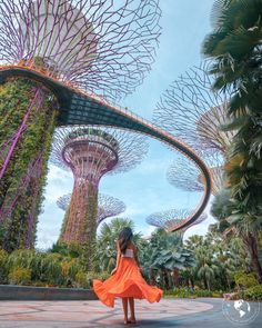 a woman in an orange dress is walking through the gardens by the bay with giant trees