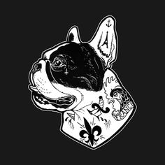 a black and white drawing of a dog wearing a shirt with fleur de l'oeuvres on it