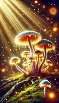 an artistic painting of mushrooms in the grass with bright lights coming from behind them,