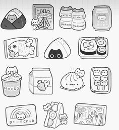 a bunch of doodles that are on a piece of paper with some food in it