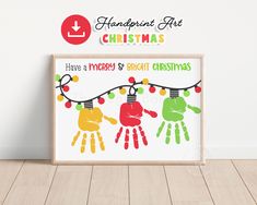 a christmas card with handprints hanging on a string and the words have a merry and bright christmas