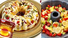 two pictures side by side one has a bundt cake and the other has sliced fruit