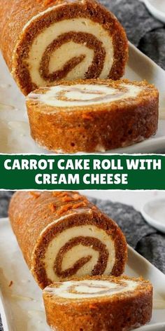 two pictures of carrot cake roll with cream cheese