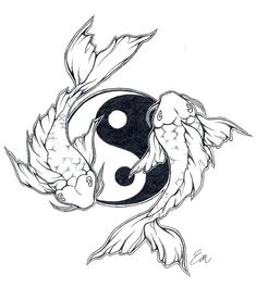 a black and white drawing of a koi fish with a yin sign on it