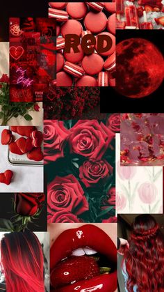 a collage of red images with hearts, roses and lipstick on the bottom right side