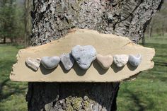 a wooden sign with hearts on it hanging from a tree in a park or field