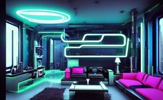 a living room filled with furniture and neon lights