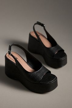 Polypropylene, leather upper Rubber sole Slip-on styling Imported | Raffia Slingback Heels by Maeve in Black, Women's, Size: 37, Leather/Rubber at Anthropologie 90’s Platform Sandals, Comfy Going Out Shoes, Shoes For Wide Feet Woman, Clubbing Shoes, Throwing Money, Slip On Heels, Cute Shoes Heels