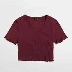 Size: Xs Color: Maroon Lettuce Trim, Faux Wrap Neckline (V-Neck), Ribbed, Stretchy Brand New! Open To Offers! Burgundy V-neck Top For Summer, Burgundy V-neck Summer Top, Summer Burgundy V-neck Top, Red Ribbed V-neck Top, Trendy Red V-neck Crop Top, Rib Knit Crop Top, Tops Shein, Maroon Top, Top Shein