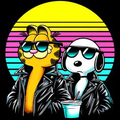 two cartoon characters wearing sunglasses and leather jackets, one holding a drink in front of the other