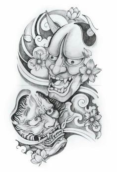 a tattoo design with two faces and flowers on the side, one in black and white