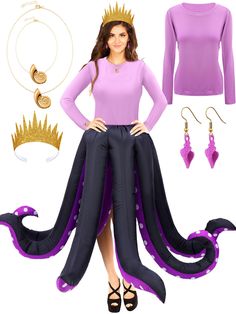 a woman is dressed up as an octopus with purple clothing and accessories on her feet