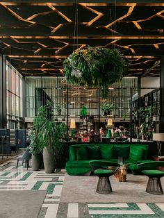 a green couch sitting under a chandelier in a living room next to potted plants