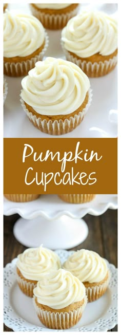 pumpkin cupcakes with cream cheese frosting are on a white cake plate and the top one is cut in half