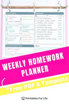 Free weekly homework planner PDF allows students to schedule time slots for tasks, record assignments, and check them off when complete. Weekly Homework Planner, Homework Schedule, Weekly Homework