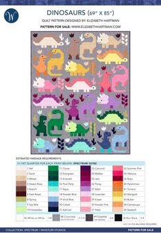 the dinosaur quilt pattern is shown with different colors and patterns for each stitching piece