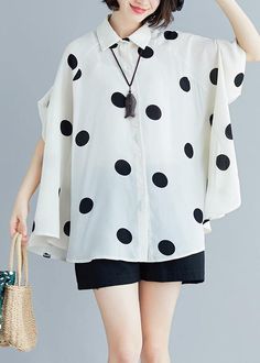 Simple Lapel Chiffon Kaftans Pakistani White Dotted Plus Size Shirt Summer Linen Tops, Plus Size Shirt, Summer Black, Patchwork Dress, Plus Size Womens Clothing, Plus Size Shirts, Women Tops, Fashion Tops, Plus Size Tops