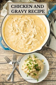 chicken and gravy recipe in a blue pot on a wooden table with silverware