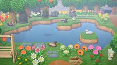 an animated garden scene with ducks, flowers and trees on the side of the wall