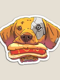 a sticker with a dog holding a sandwich in it's mouth and looking at the camera