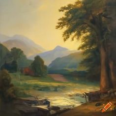 an oil painting of a river scene with mountains in the distance and trees on the bank