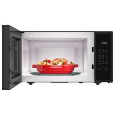 an open microwave with food in it on a white surface and black trim around the door