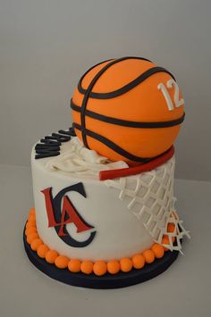 a birthday cake made to look like a basketball and net