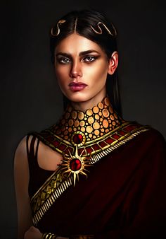 a woman wearing an elaborate necklace and choker